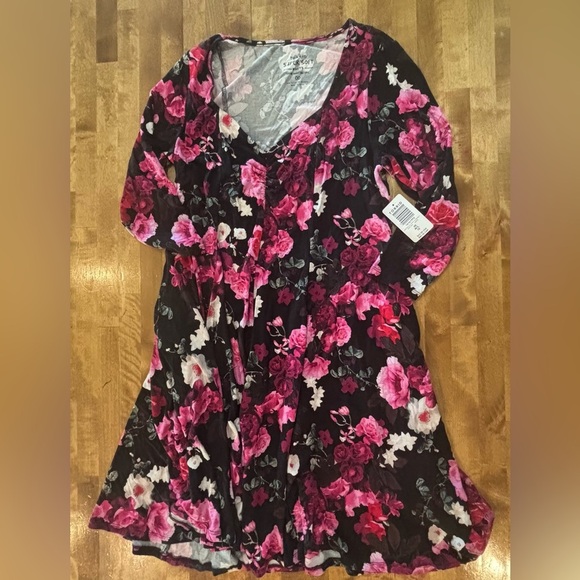 TORRID Spring Floral Black + Pink Dress V Neck and Quarter Sleeves M/L 10 00 NWT - Picture 8 of 14